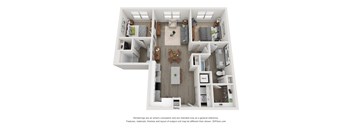 A 3D floor plan of a small apartment with a kitchen, living room, and bathroom.
