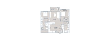 A floor plan of a house with two bedrooms, a living area, a kitchen, and two bathrooms.