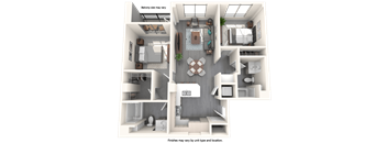 A 3D floor plan of a house showing a kitchen, living room, and bathroom.