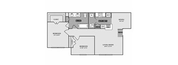 A floor plan of a house with a living room, two bedrooms, a bathroom, a kitchen, a dining room, and a closet.