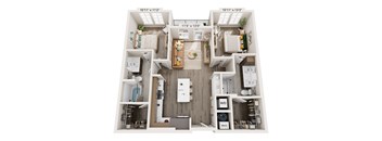 A floor plan of a small apartment with a kitchen, living room, and bathroom.