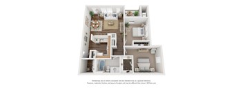 A 3D floor plan of a house with a kitchen, living room, dining room, and bathrooms.