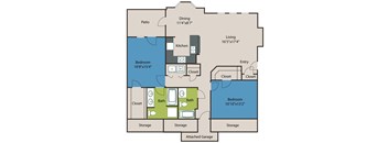 A floor plan of a house with a living area, two bedrooms, a kitchen, a dining area, a bathroom, and an attached garage.