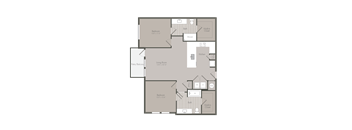 A floor plan of an apartment with two bedrooms, a living room, a kitchen, and bathrooms.