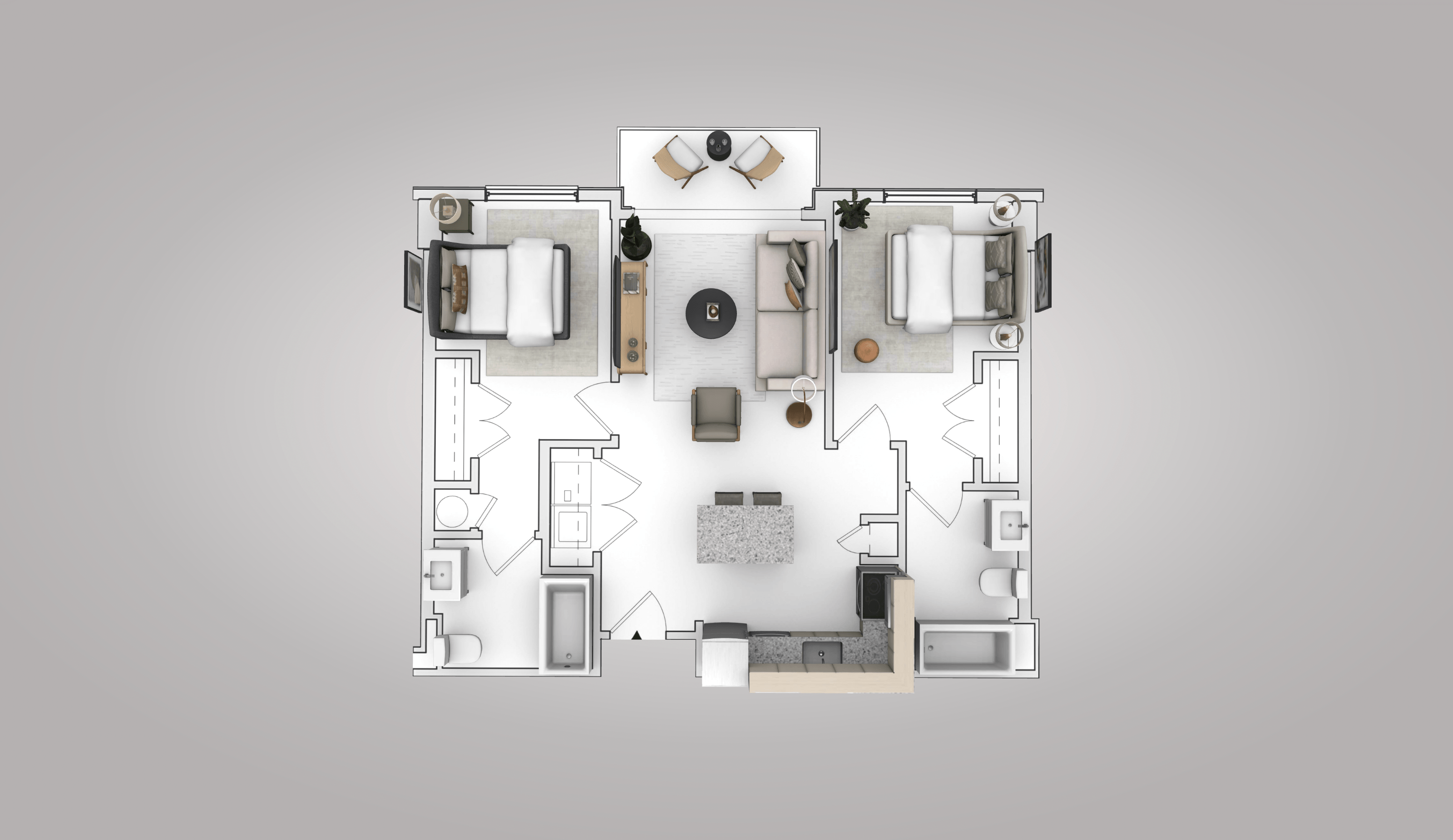 A floor plan of a house with a kitchen, living room, and two bedrooms.