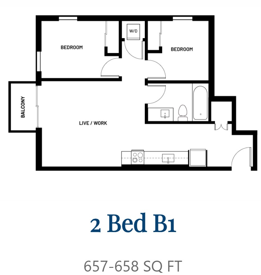 A black and white image of a 2 Bedroom B1 apartment layout.