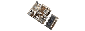 A 3D floor plan of a house with a car parked in the driveway.