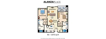 Two bedroom two bathroom 1,073 Sq.Ft. Floor plan at Alanza Place, Arizona, 85008