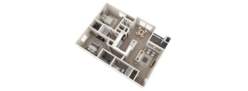 A 3D floor plan of a house with a kitchen, living room, and two bedrooms.