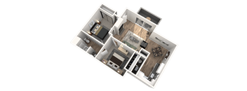 A 3D floor plan of a house with a kitchen, living room, and two bedrooms.