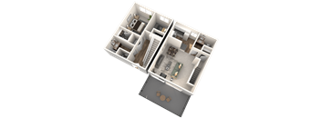 A 3D image of a house layout with two bedrooms, a living room, a kitchen, a bathroom, and a garage.