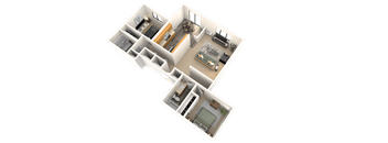 A 3D floor plan of a house layout.