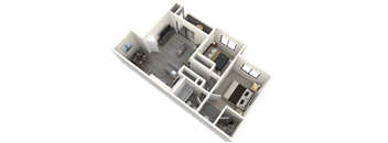 A 3D floor plan of a house with multiple rooms and furniture.