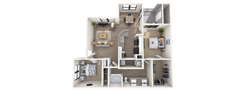 A 3D floor plan of a small apartment with a kitchen, living room, and bathroom.
