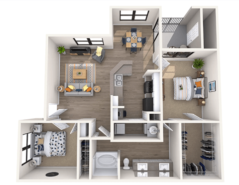 A 3D floor plan of a small apartment with a kitchen, living room, and bathroom.