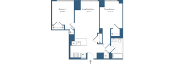 A blueprint of a house layout with three bedrooms and a living/dining room.