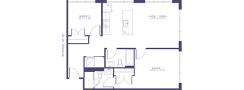 A floor plan of a house with two bedrooms and two bathrooms.