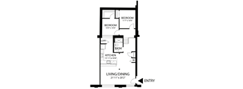 A floor plan of a house with two bedrooms, a living/dining area, a kitchen, and a bathroom.