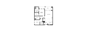 A floor plan of a unit with a living room, two bedrooms, a bathroom, a kitchen, and a patio.