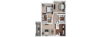 A floor plan of a small apartment with a living room, kitchen, and bathroom.