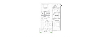 A floor plan of a house with a living room, two bedrooms, a bathroom, a kitchen, a master suite, and a garage.