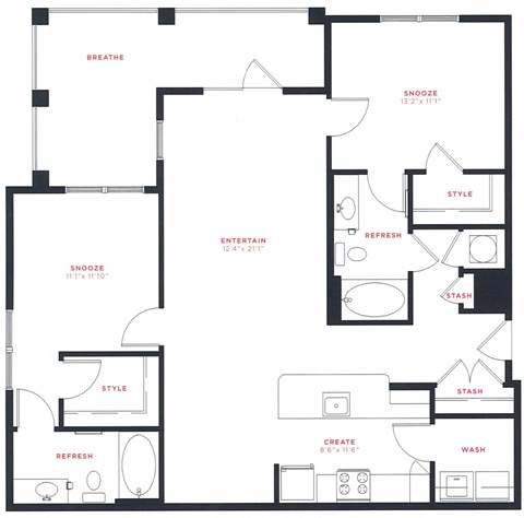 A floor plan of a house with rooms labeled as "Breathe", "Snooze", "Style", "Refresh", "Entertain", "Stash", "Create", and "Wash".