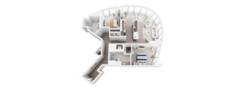 A white floor plan of a house with a kitchen, living room, and bathroom.