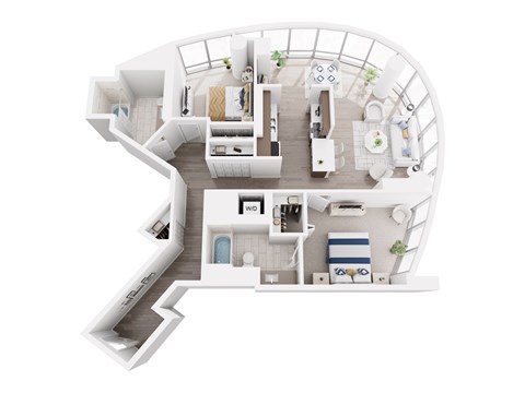 A white floor plan of a house with a kitchen, living room, and bathroom.