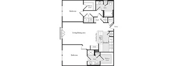 A floor plan of a house with two bedrooms, a living/dining area, a kitchen, a pantry, a bath, a linen closet, and a walk-in closet.