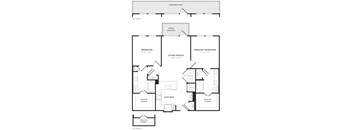 A floor plan of a home with a living room, two bedrooms, a kitchen, and a walk-in closet.