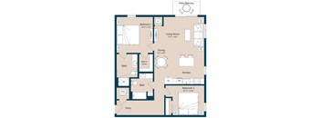 A floor plan of a home with two bedrooms, a living room, a dining area, a kitchen, and two bathrooms.