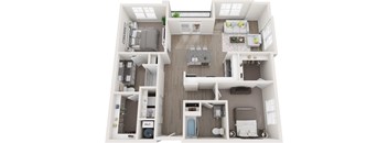 A 3D floor plan of a house with labeled rooms.
