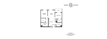A floor plan for a two bedroom, two bath house with a living and dining room.