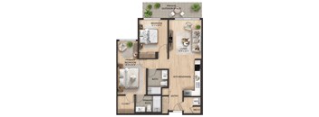 A floor plan of an apartment with a primary bedroom, a secondary bedroom, a living area, a kitchen/dining area, a bathroom, a closet, and an outdoor space.