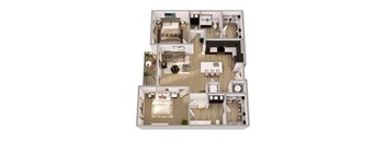 A 3D floor plan of a house with multiple rooms.