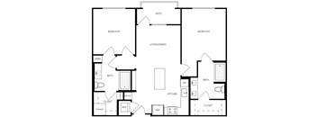 A black and white image of a house floor plan with two bedrooms, a living/dining area, a kitchen, a bath, a pantry, a storage area, a closet, and a laundry area.