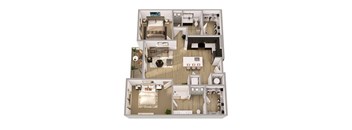 A 3D floor plan of a house with multiple rooms.