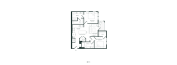 A black and white image of a floor plan for a home with two bedrooms, a living room, a kitchen, a bathroom, and a workshop.
