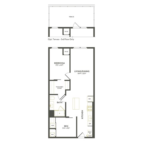 A floor plan of a house with a terrace and a bathroom.