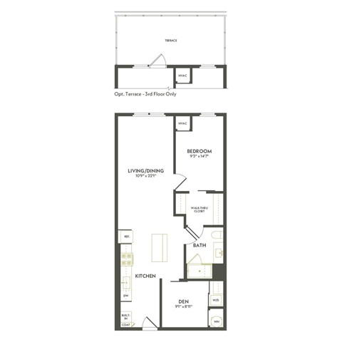 A floor plan of a 3rd floor apartment with a terrace.