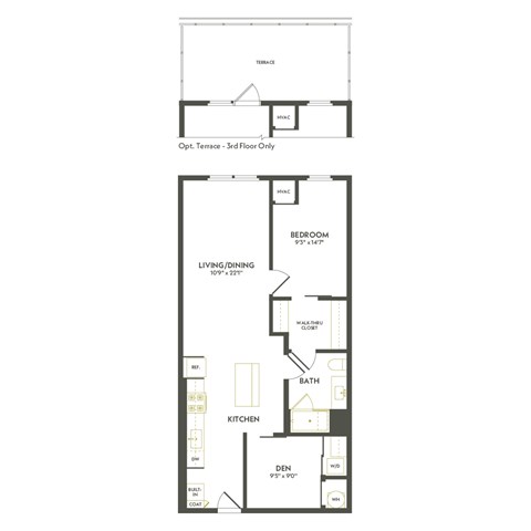 A floor plan of a 3rd floor apartment with a terrace.