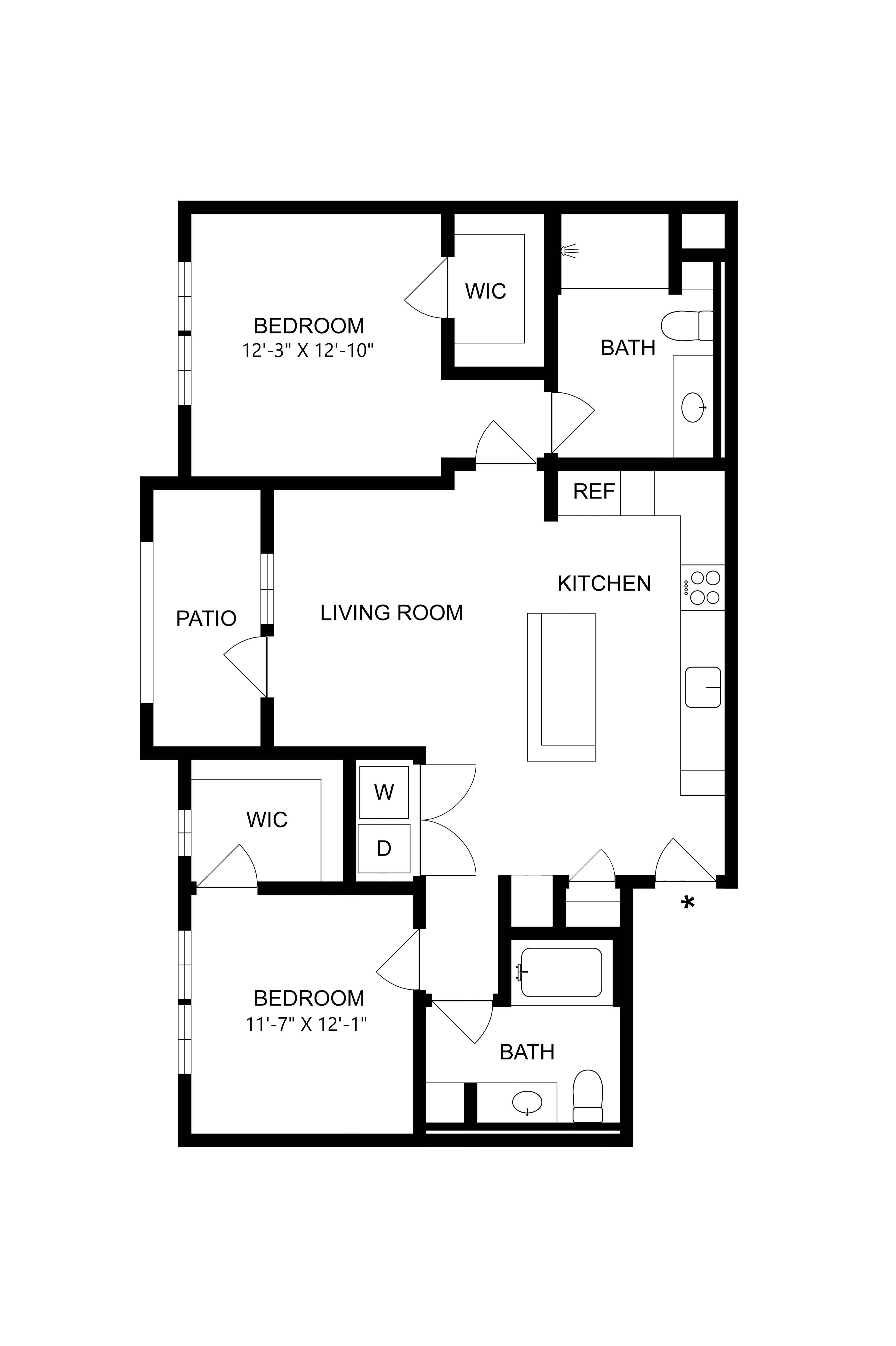 A black and white image of a floor plan for a two-bedroom apartment.