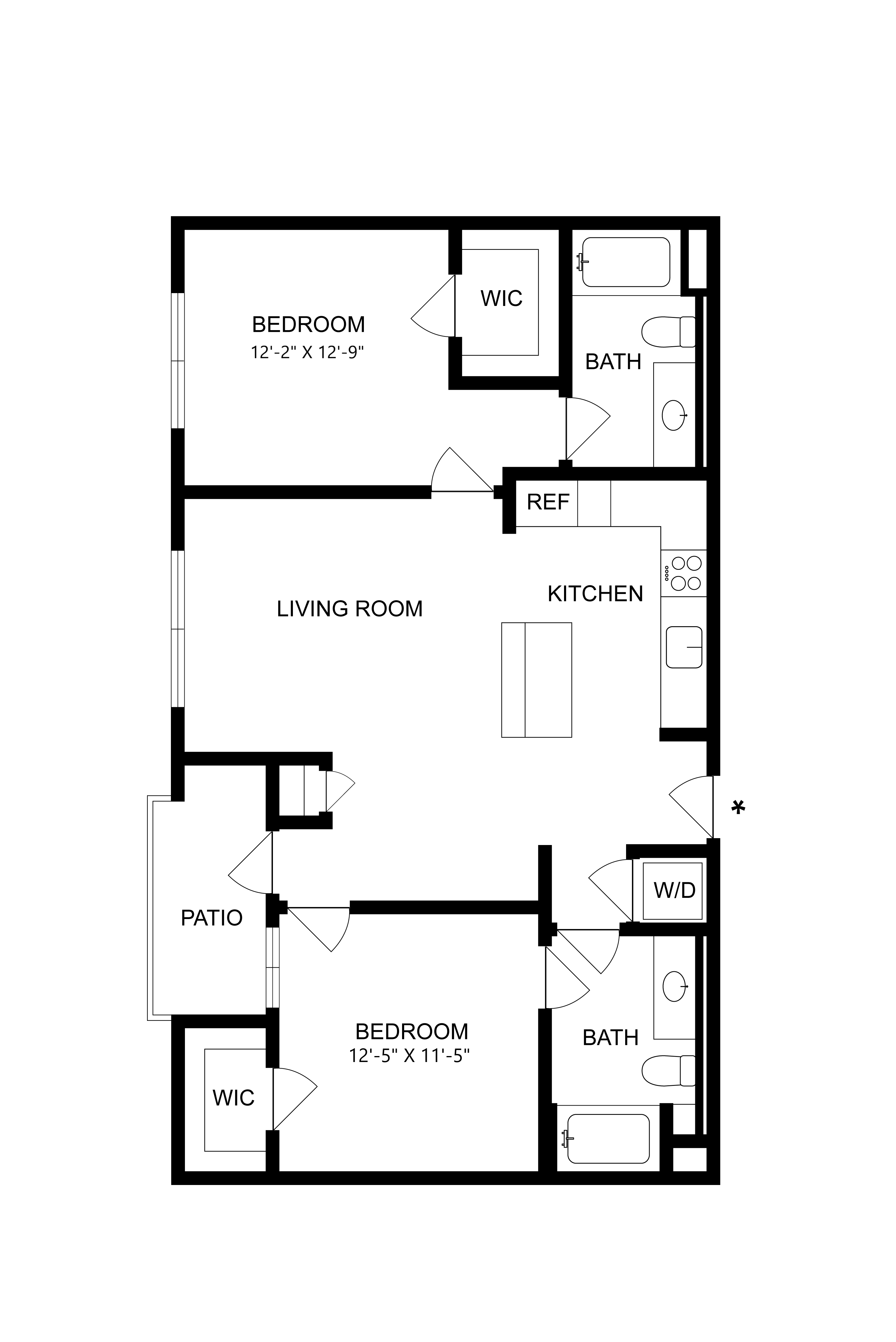 A floor plan of a two bedroom apartment with a living room, kitchen and bathroom.