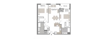 A floor plan of a home with a living room, two bedrooms, a balcony, and a bathroom.
