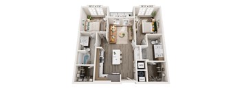 A floor plan of a small apartment with a kitchen, living room, and bathroom.