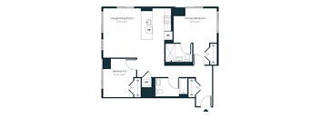A floor plan of a home with a living/dining room, two bedrooms, and a primary bedroom.