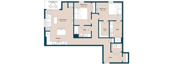 A floor plan of a house with two bedrooms, a living room, a kitchen, a bathroom, a walk-in closet, and an entry.