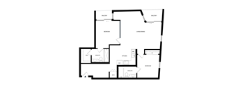 A black and white image of a house floor plan with a balcony, two bedrooms, a living/dining area, a kitchen, a dining room table, a wine/dining room, a second bedroom, a second