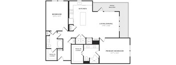 A floor plan of a home with a living room, dining room, kitchen, and two bedrooms.