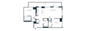 A floor plan of a house with a terrace, two bedrooms, a living/dining room, and a primary bedroom.